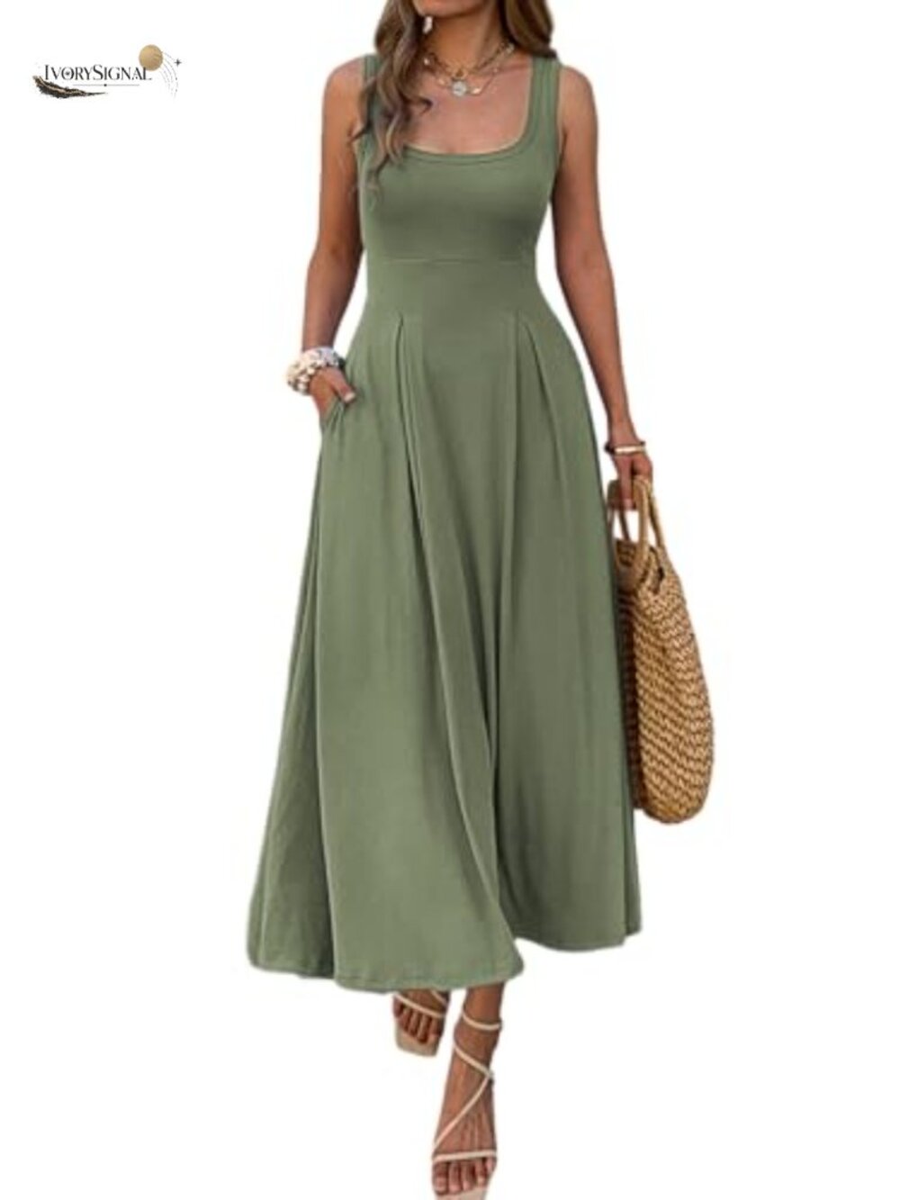 Women's Sleeveless Empire Maxi Dress Square Neck A-Line Pleated Flowy with